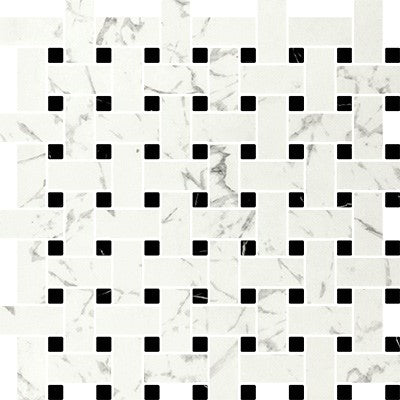 Arabescato with Nero Dot / 1.75x4.75 Basketweave Mosaic / Matte
