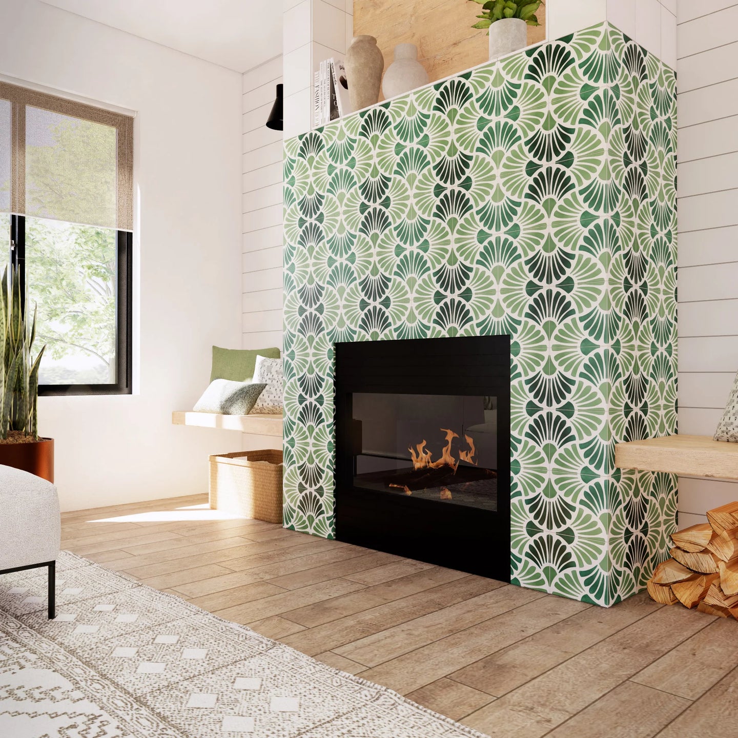 Fireplace with flower themed tiles in several shades of green. Natural wood floors and white shiplap wall. Scandinavian style furniture.